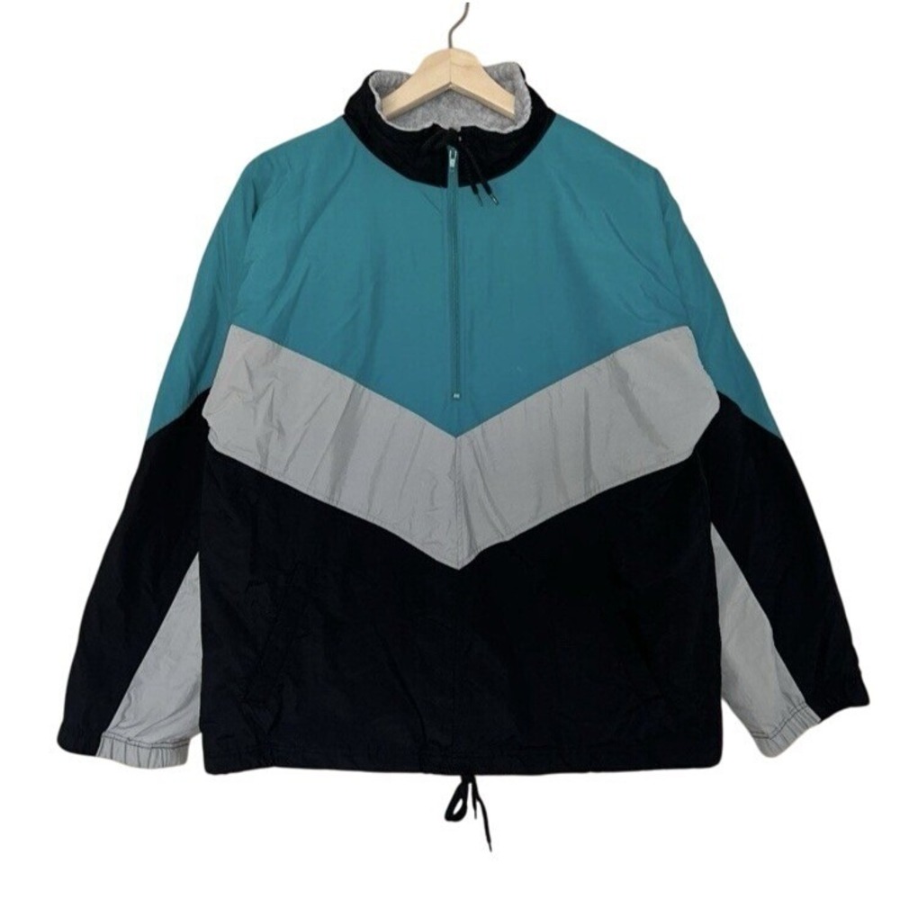 Vintage BIKE Windbreaker Jacket Mens XL Teal Black Colorblock Lined Quarter Zip